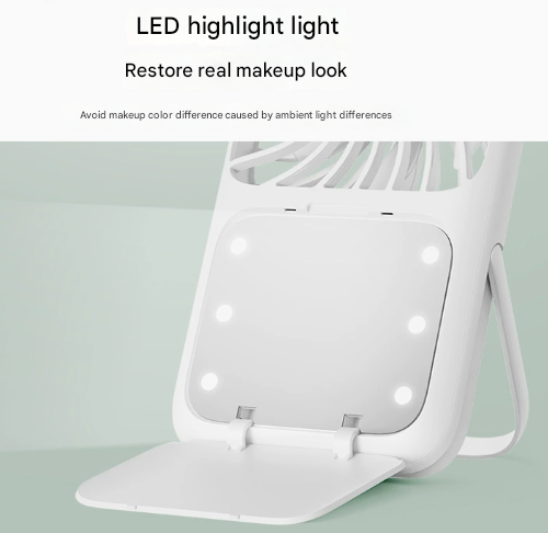 White Portable Handheld Fan with Makeup Mirror - USB Rechargeable 3-Speed Mini Fan for Summer Cooling