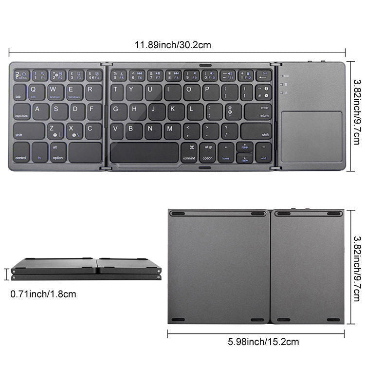 Black Tri-Fold Bluetooth Keyboard with Touchpad - Multi-Device Compatible (iOS/Android/Win)