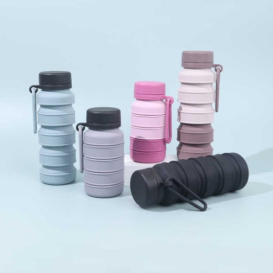 Grey and Black Collapsible Silicone Water Bottle - 510ml Portable Food-Grade Travel & Sports Drink Flask