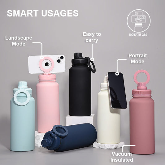 Yellow 1L Stainless Steel Water Bottle with Magnetic Phone Holder Lid - Portable Hydration & Hands-Free Stand