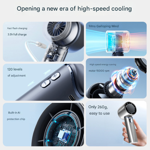 Grey Mini Bladeless Handheld Fan - USB Rechargeable, Quiet Portable Desk Fan