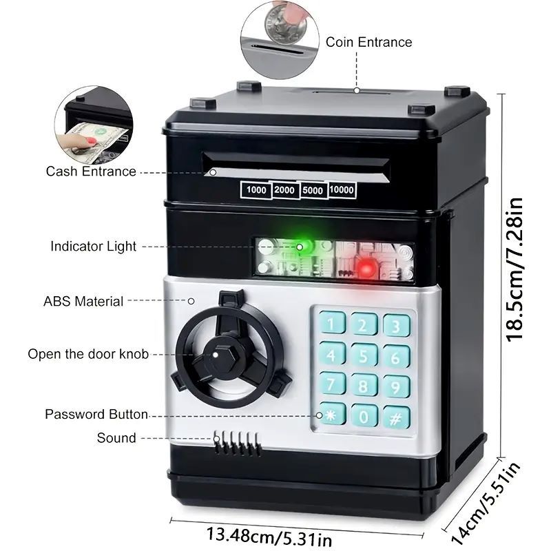 Silver Children's Mini Safe Piggy Bank with Fingerprint and Password Lock