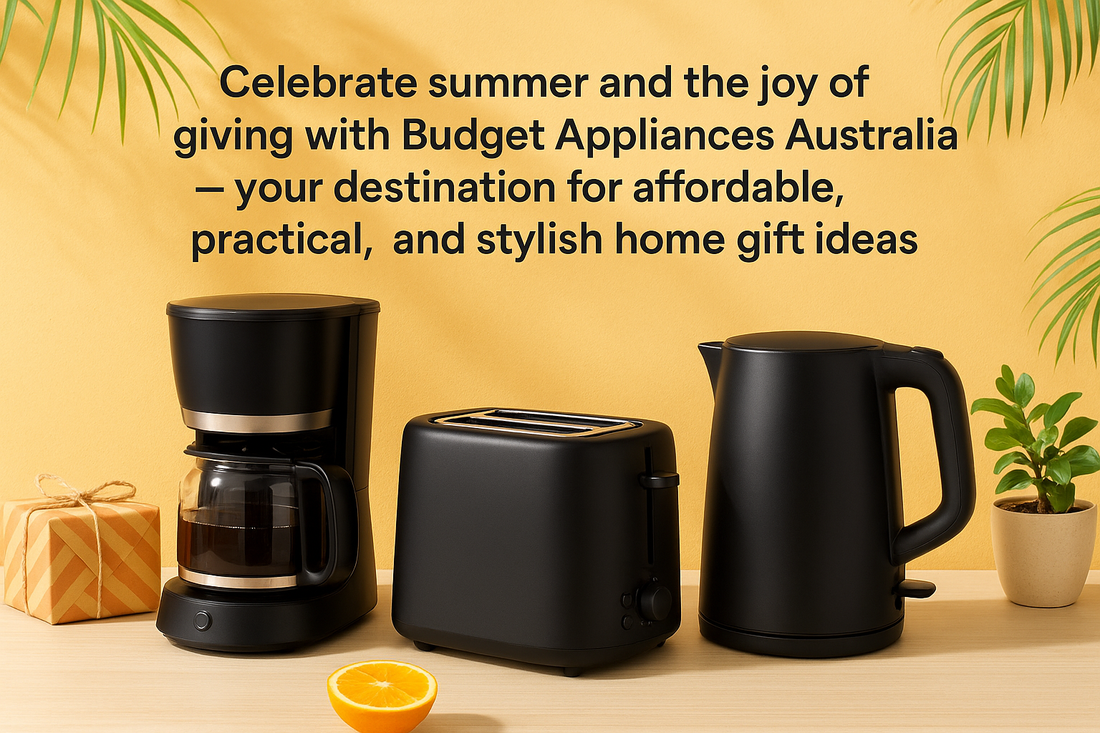 “Affordable summer gift ideas Australia — Budget Appliances coffee machine, toaster, and kettle set with tropical summer background.”