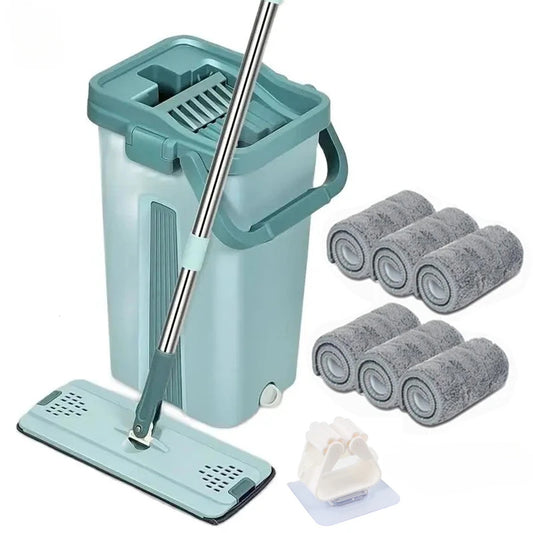 Wet or Dry Usage Hands-Free Mopping System with Bucket and Microfiber Pads