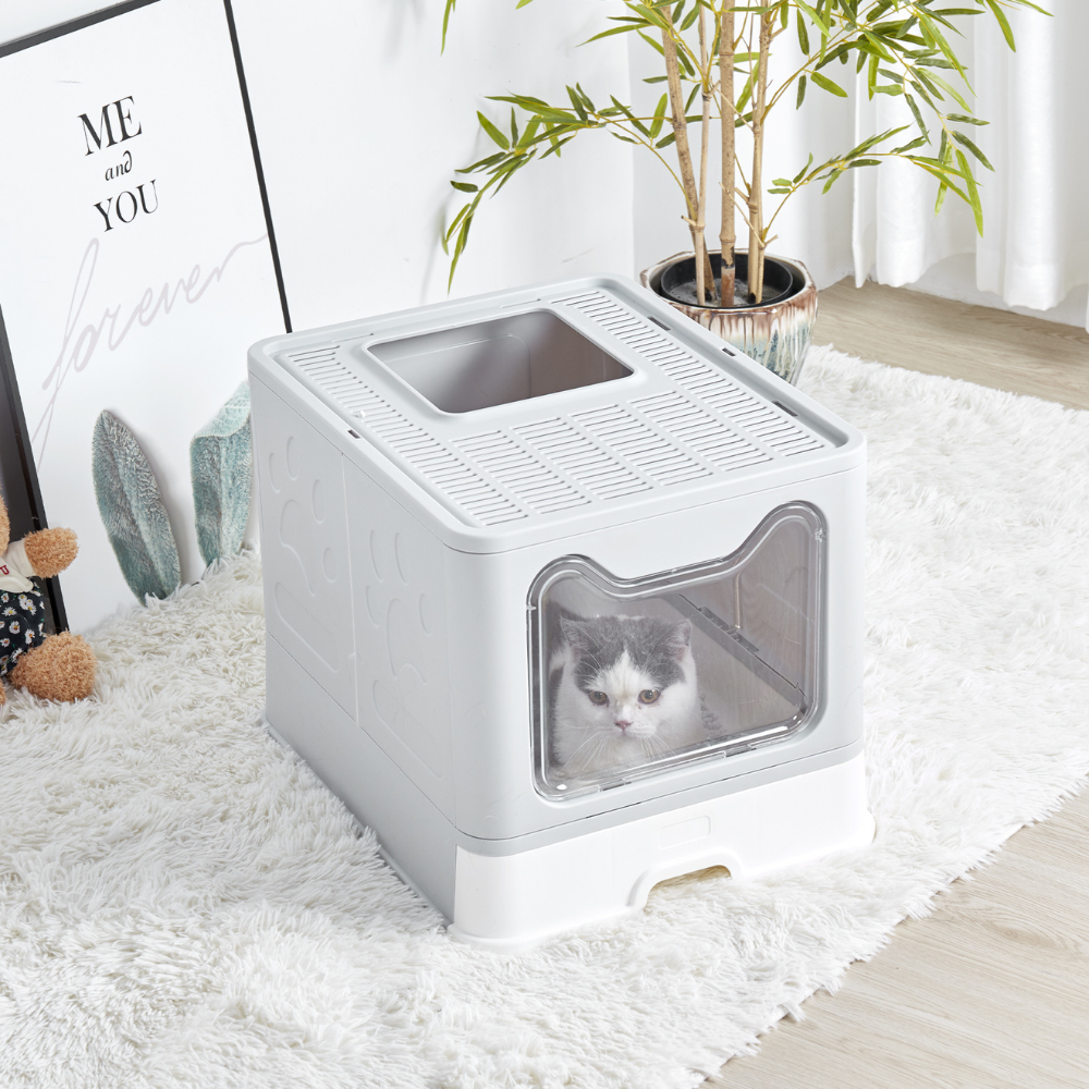 Large Space Foldable Cat Litter Box with Front Entry & Top Exit with Tray