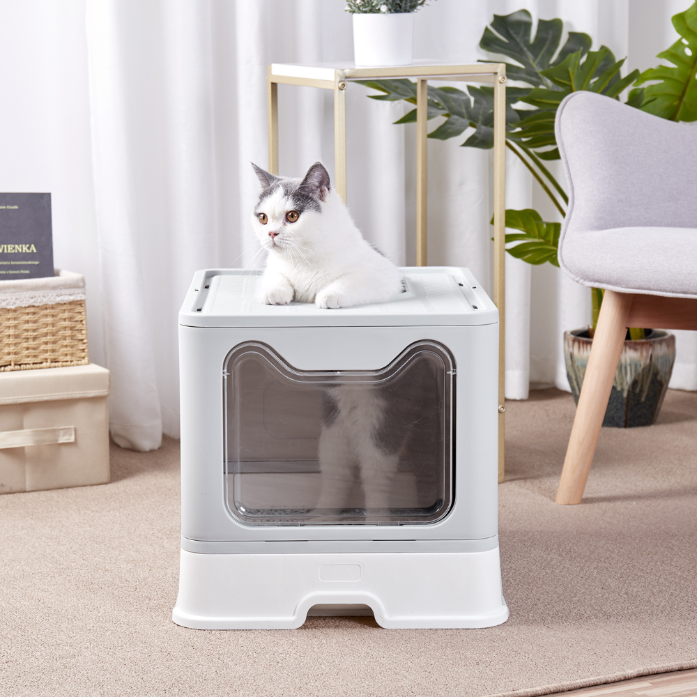 Large Space Foldable Cat Litter Box with Front Entry & Top Exit with Tray
