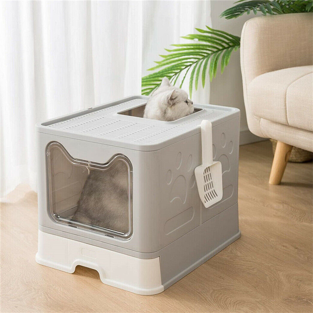 Large Space Foldable Cat Litter Box with Front Entry & Top Exit with Tray