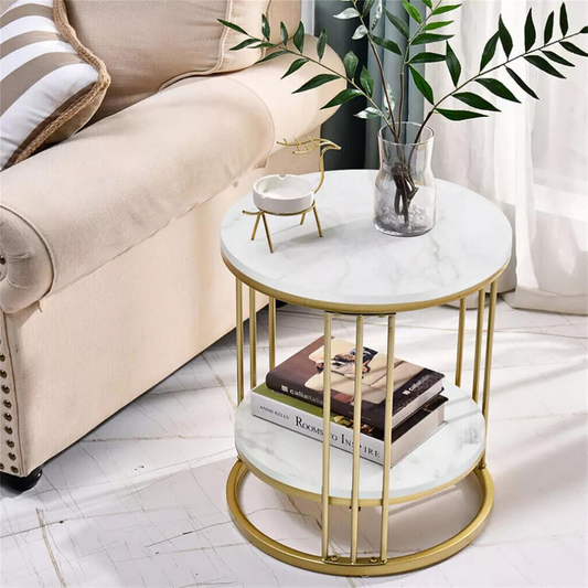 Round Marble Accent Table End 2 Tiers Storage Table - Gold