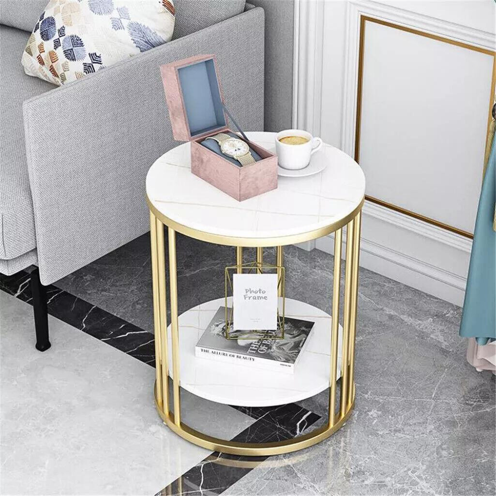 Round Marble Accent Table End 2 Tiers Storage Table - Gold