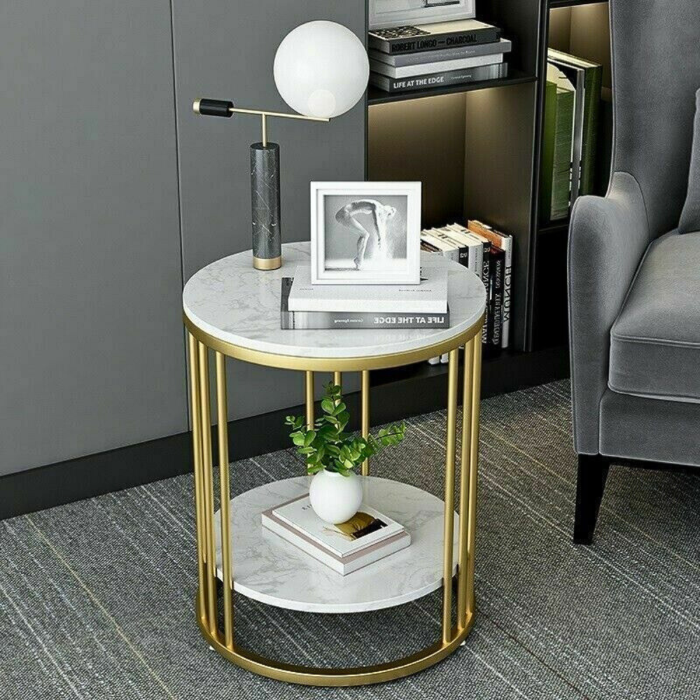 Round Marble Accent Table End 2 Tiers Storage Table - Gold