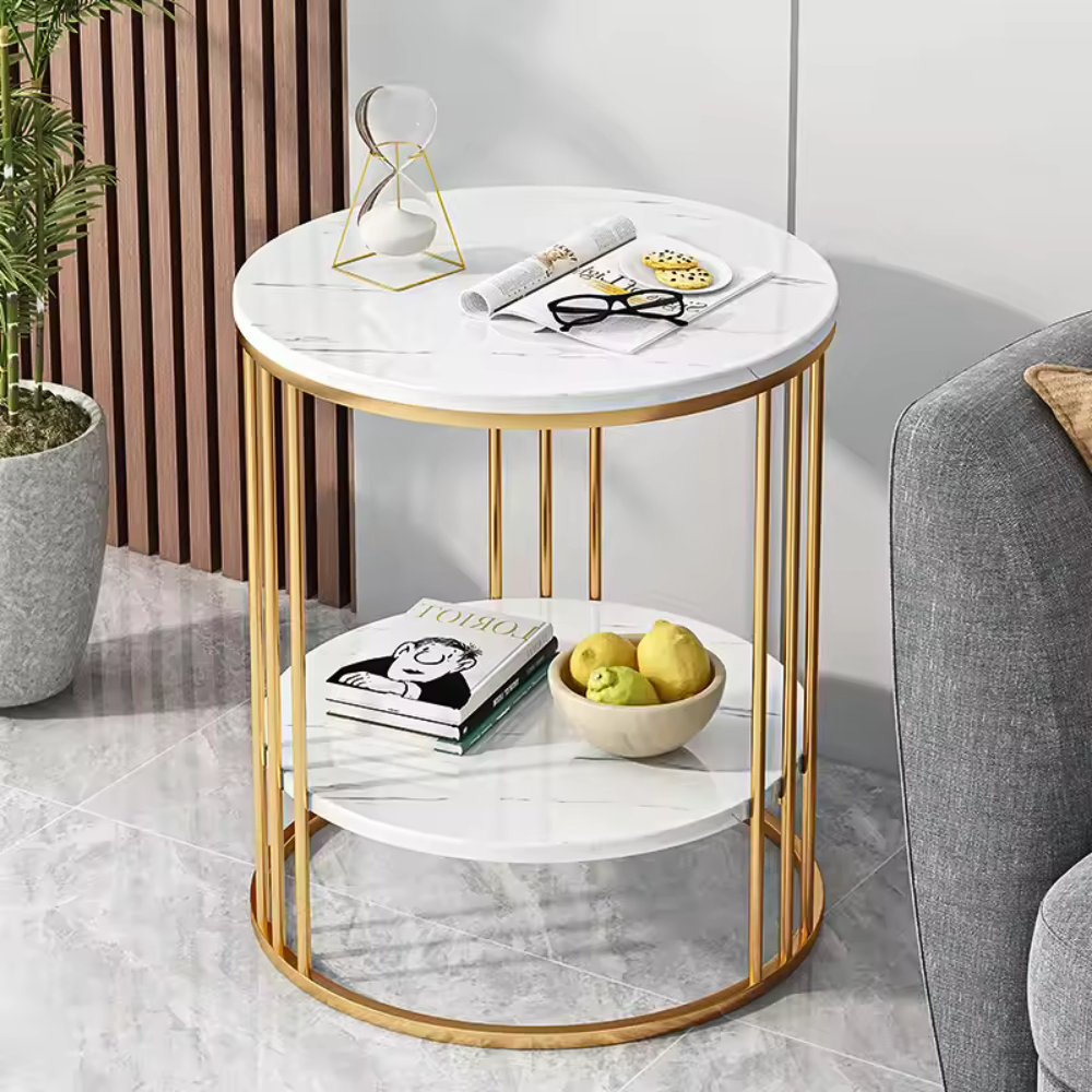 Round Marble Accent Table End 2 Tiers Storage Table - Gold
