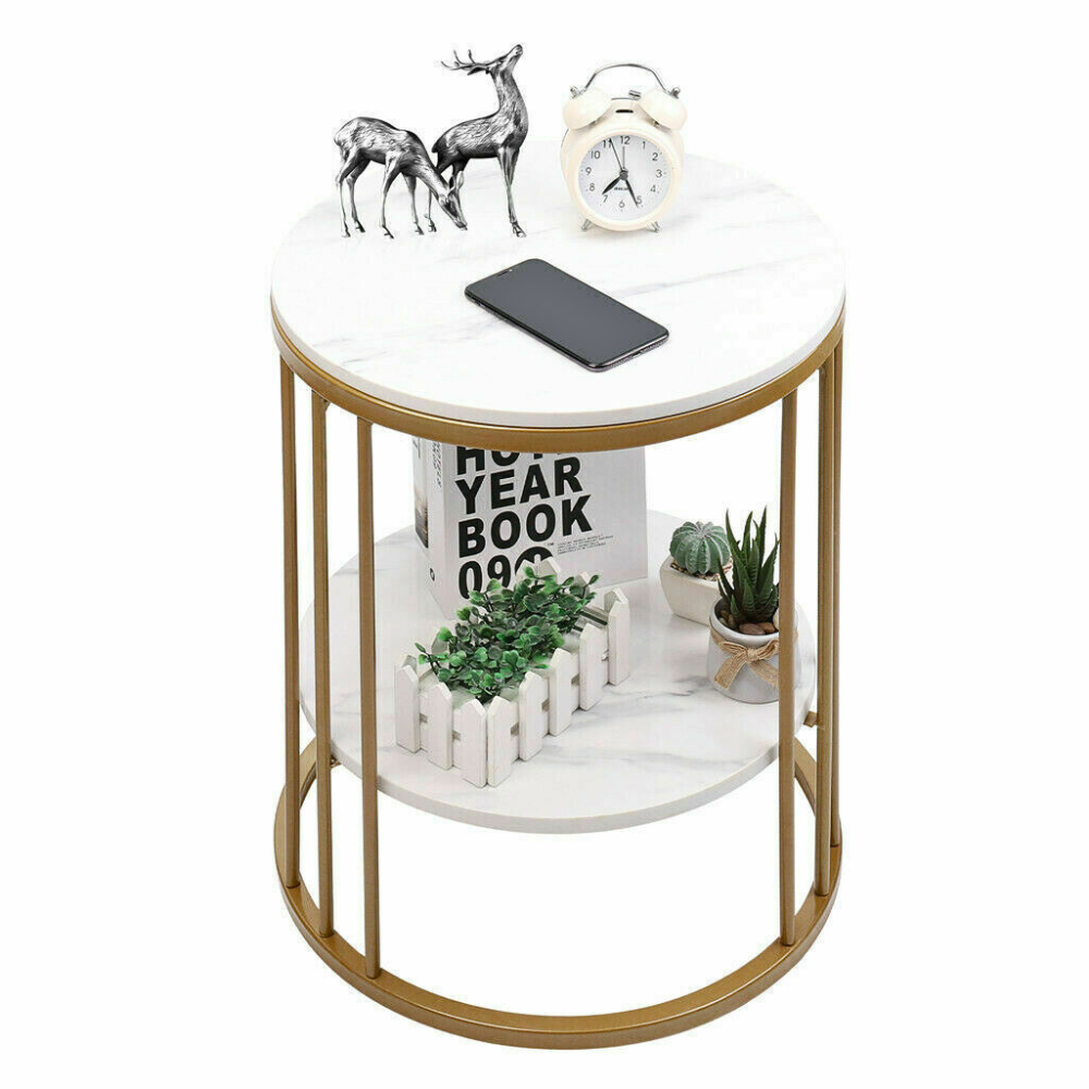 Round Marble Accent Table End 2 Tiers Storage Table - Gold
