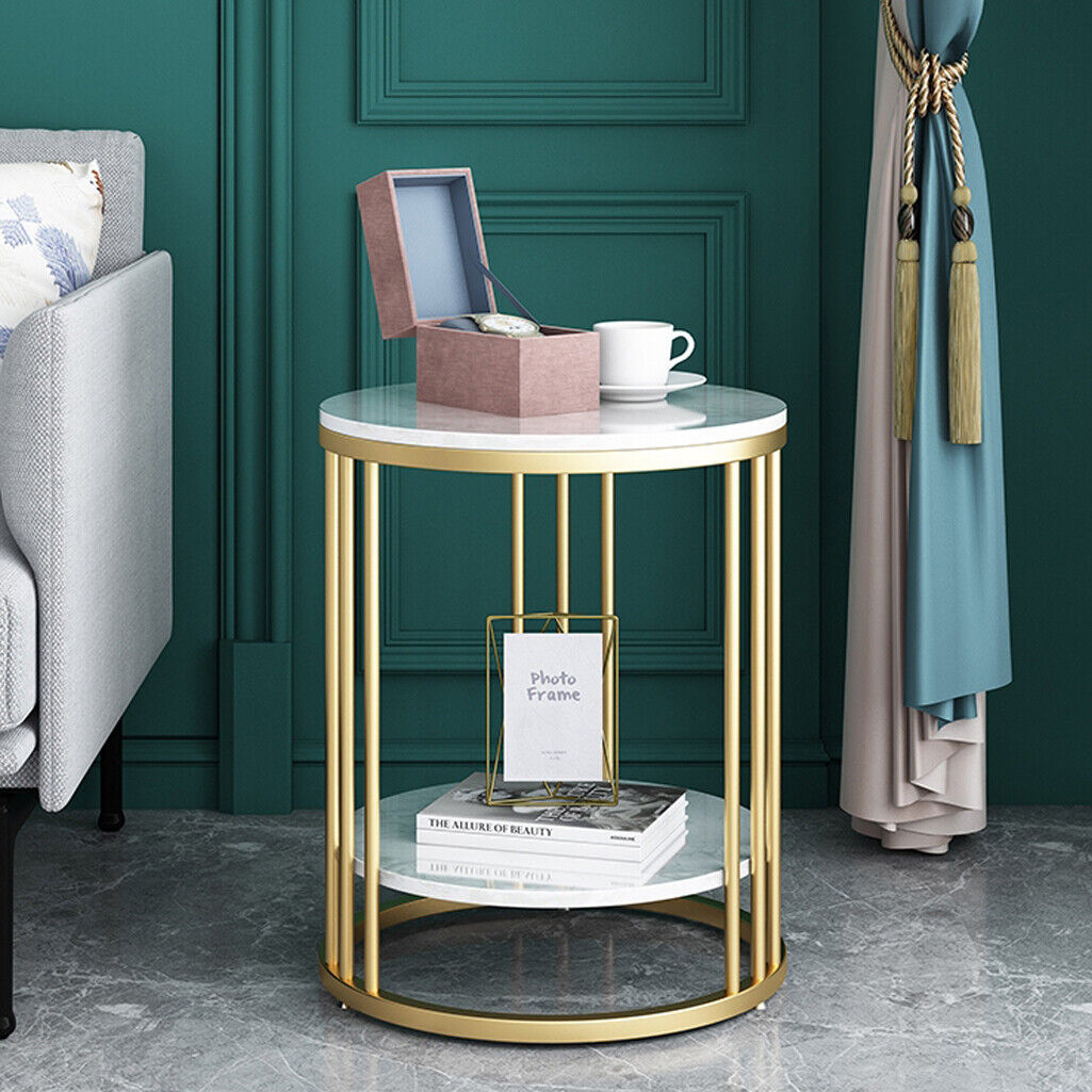 Round Marble Accent Table End 2 Tiers Storage Table - Gold