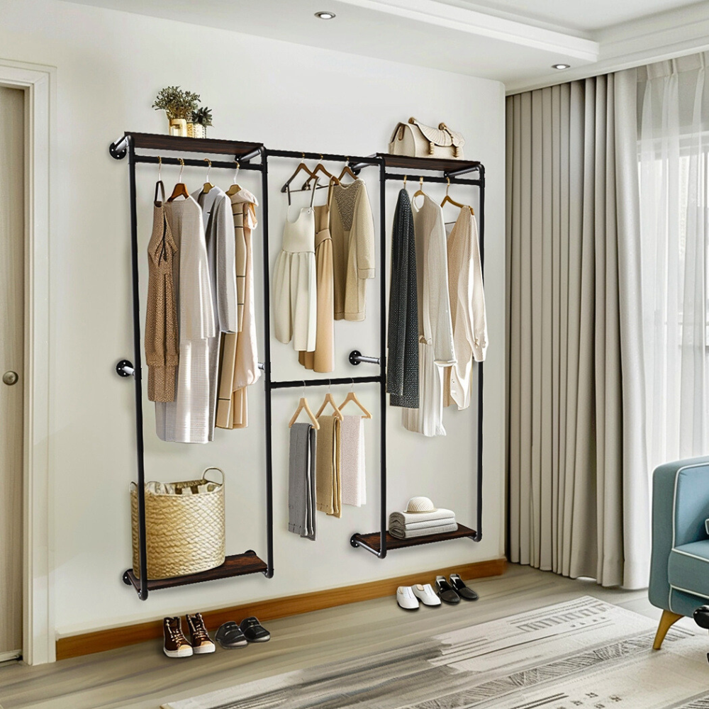 Wall-Mounted Industrial Pipe Clothes Rack with Shelves