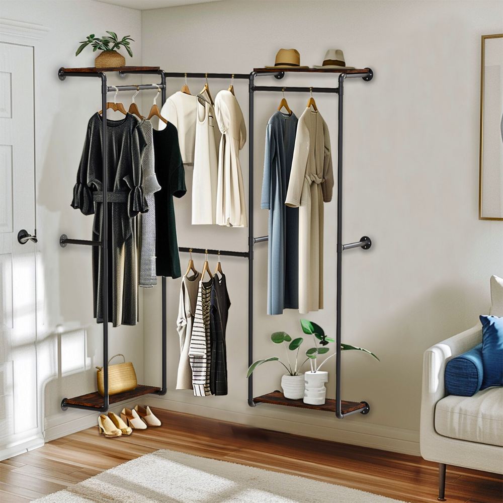 Wall-Mounted Industrial Pipe Clothes Rack with Shelves