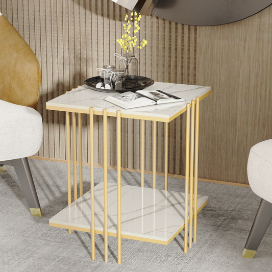 2 Tier Square Marble Top Side Table