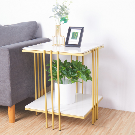 2 Tier Square Marble Top Side Table