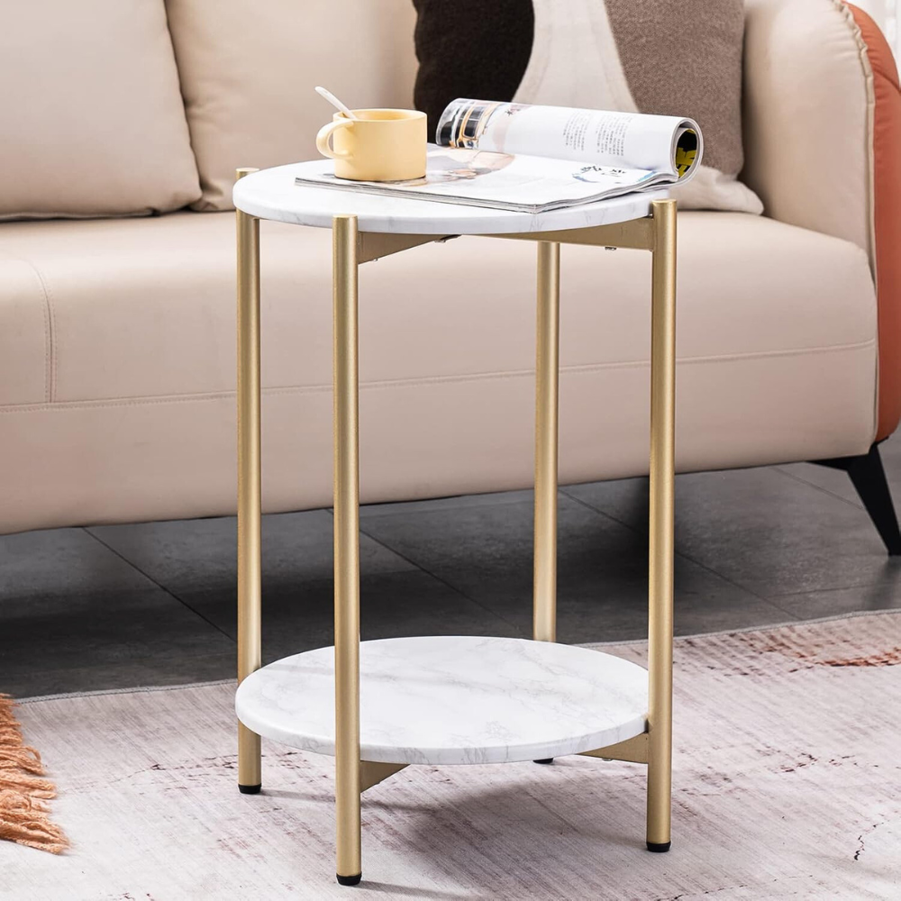 2 Tier Round Coffee End Table with Storage Shelf