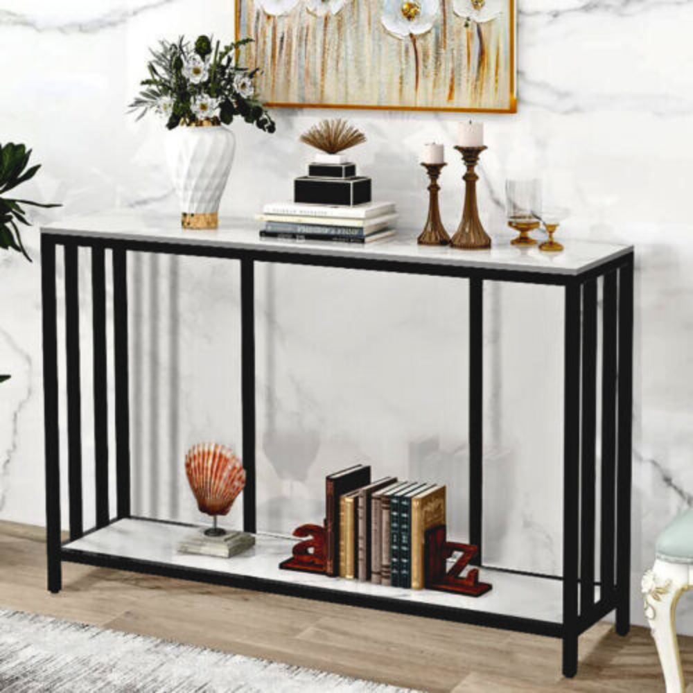 Modern White Marble Console Table with Storage Shelf
