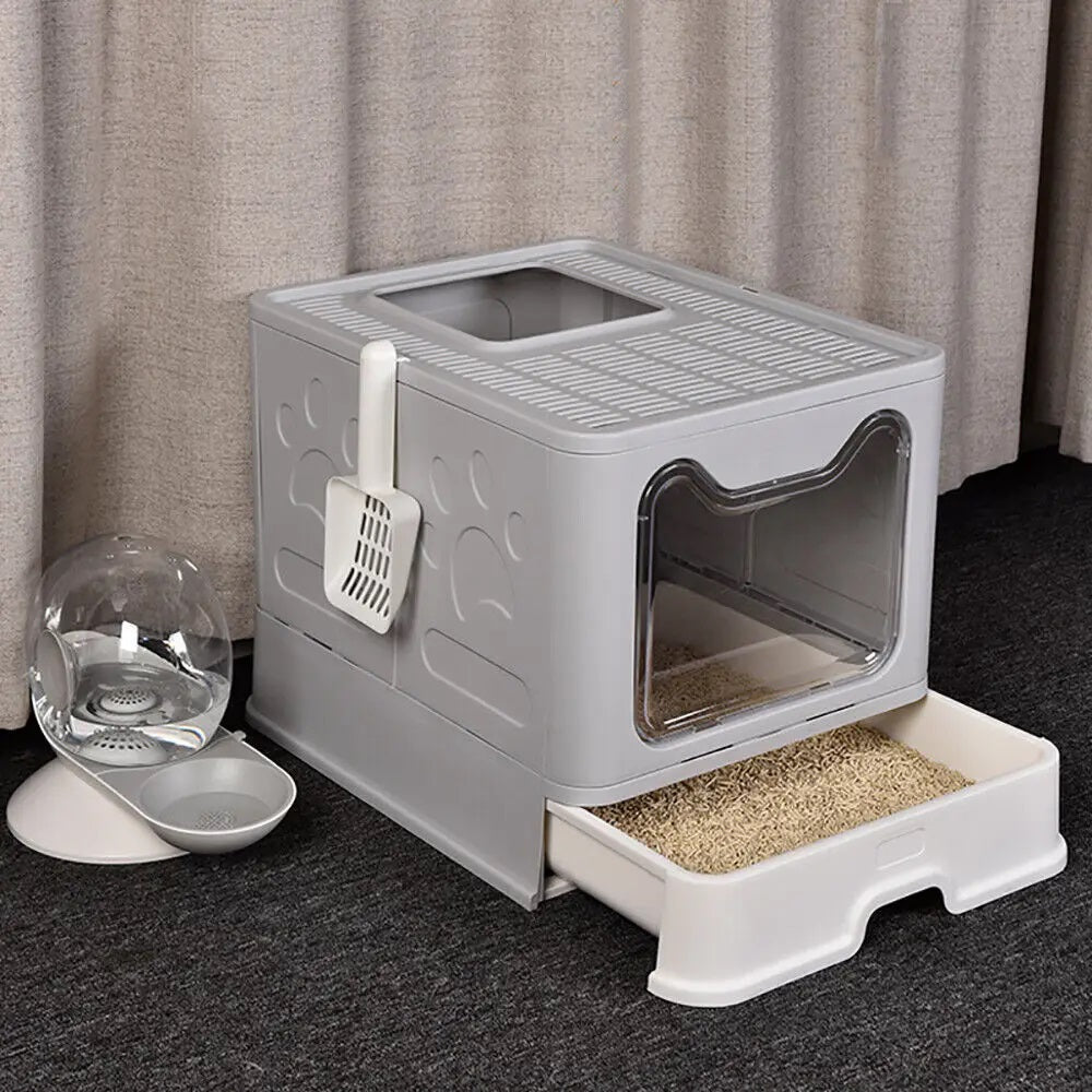 Large Space Foldable Cat Litter Box with Front Entry & Top Exit with Tray
