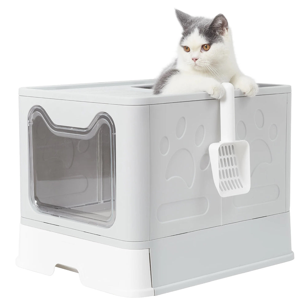 Large Space Foldable Cat Litter Box with Front Entry & Top Exit with Tray