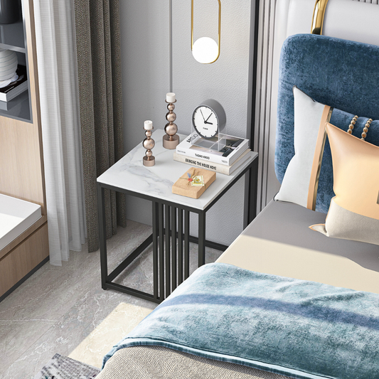 Minimalism Marble Stone Side Table White Top Black Frame