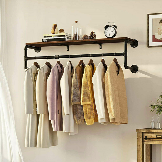 Industrial Pipe Clothes Rack with Top Shelf Coat Hanger