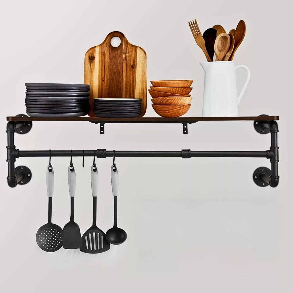 Industrial Pipe Clothes Rack with Top Shelf Coat Hanger