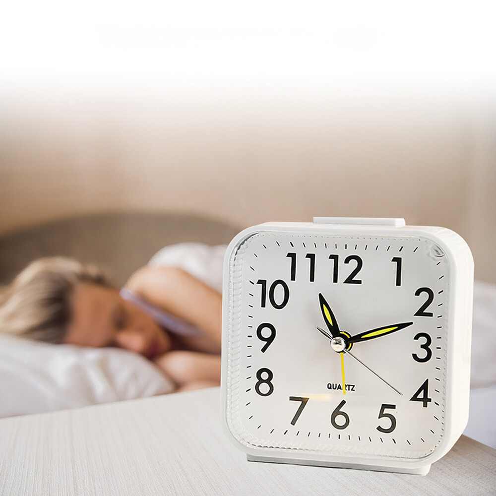 Mini Square Silent Alarm Clocks Non-ticking Analog Quartz Clock with LED - Battery Power