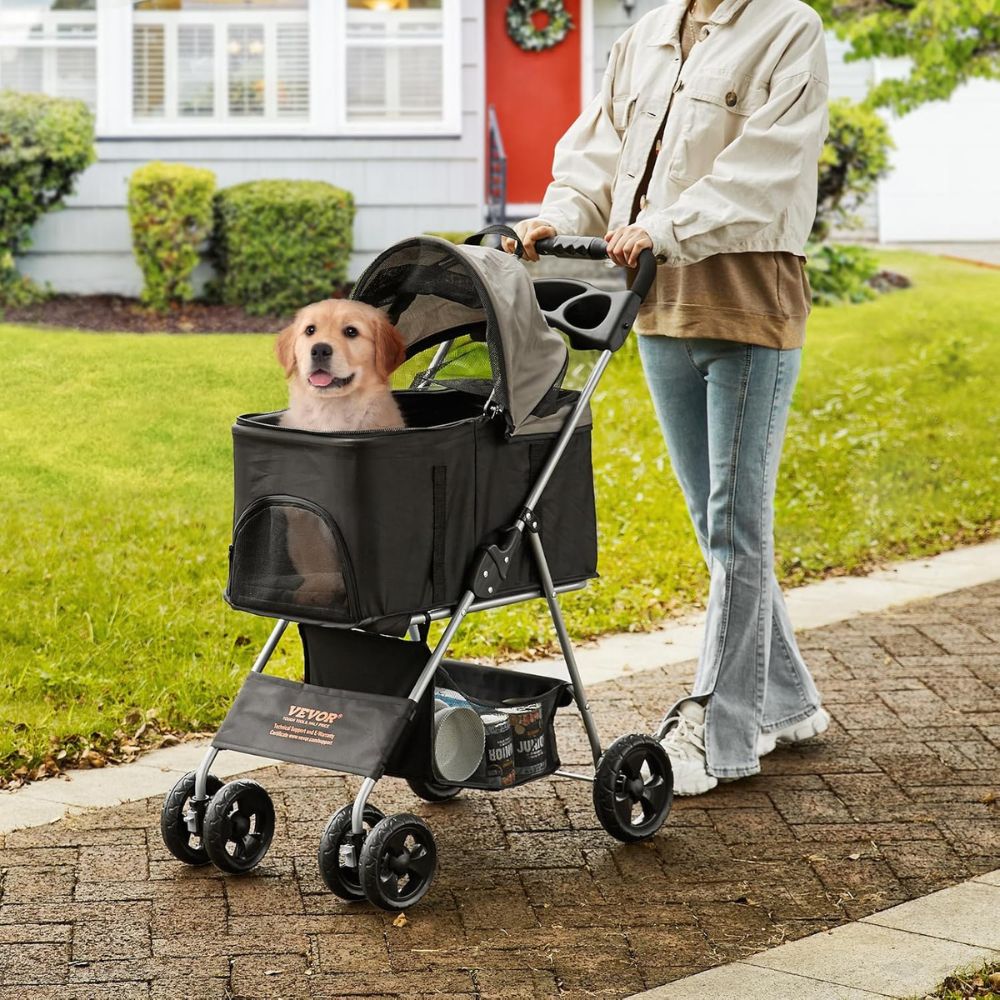 Pet Stroller with Brakes Storage Basket and Cup Holder