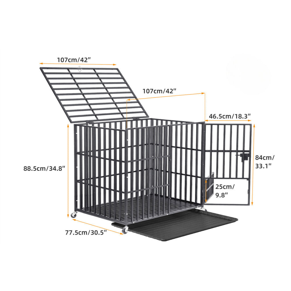 Mobile Heavy Duty Dog Crate with 3 Doors and Bottom Tray