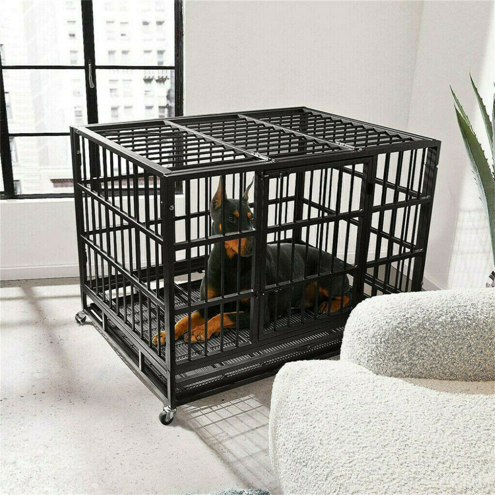 Mobile Heavy Duty Dog Crate with 3 Doors and Bottom Tray