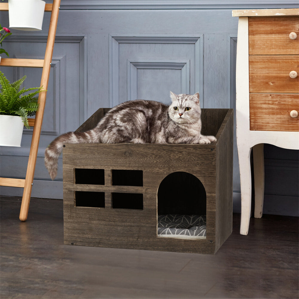Cozy Wooden Cat Cave Bed with Cushion Pad and Litter Box