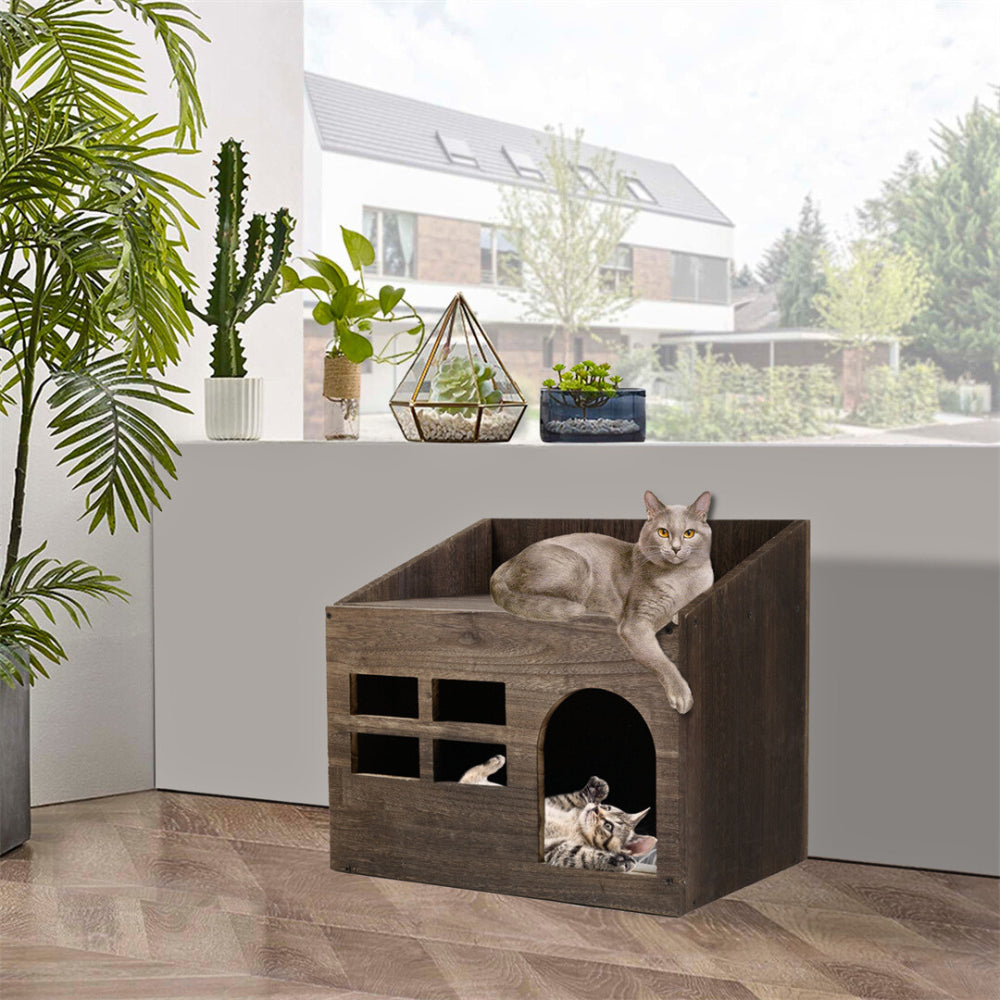 Cozy Wooden Cat Cave Bed with Cushion Pad and Litter Box
