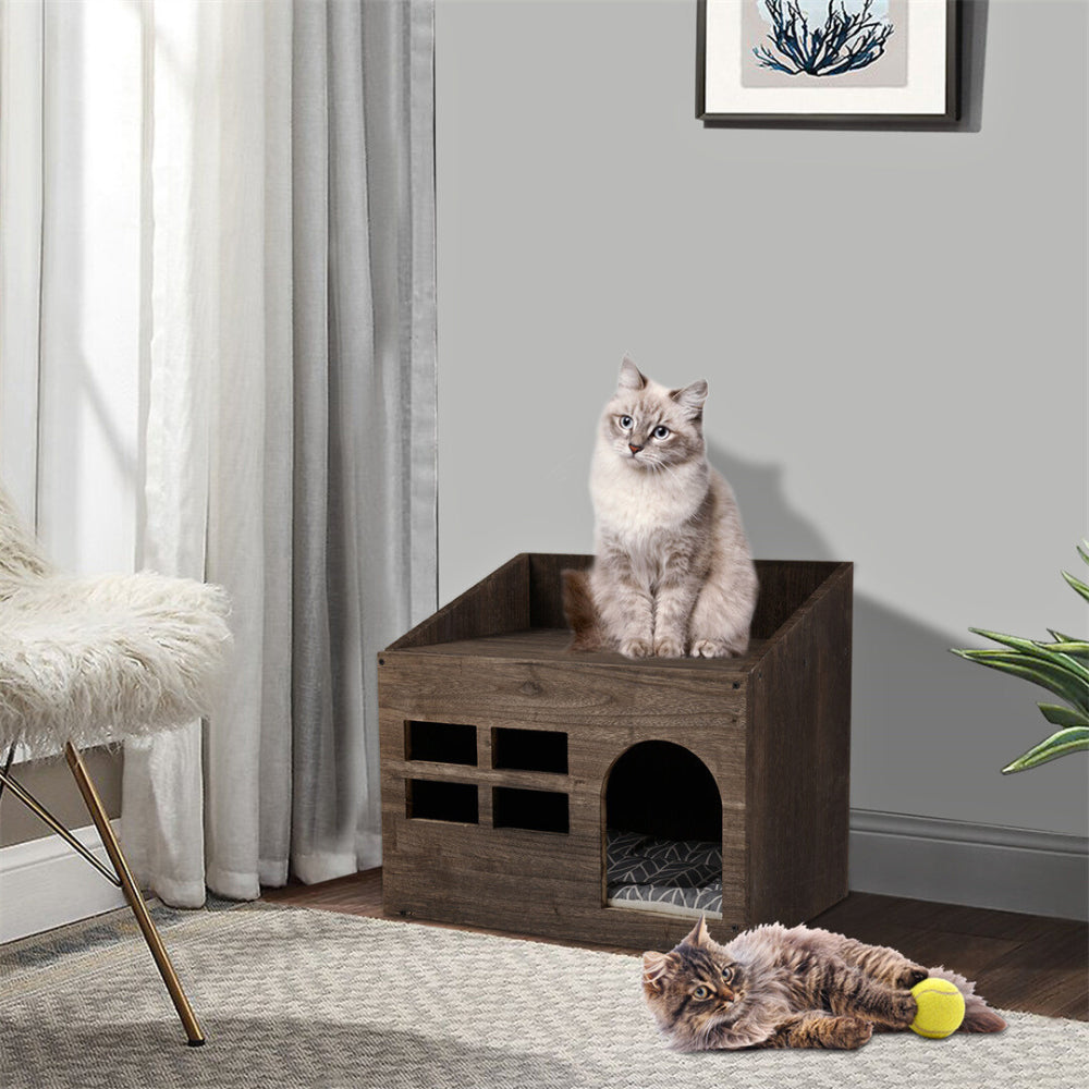 Cozy Wooden Cat Cave Bed with Cushion Pad and Litter Box