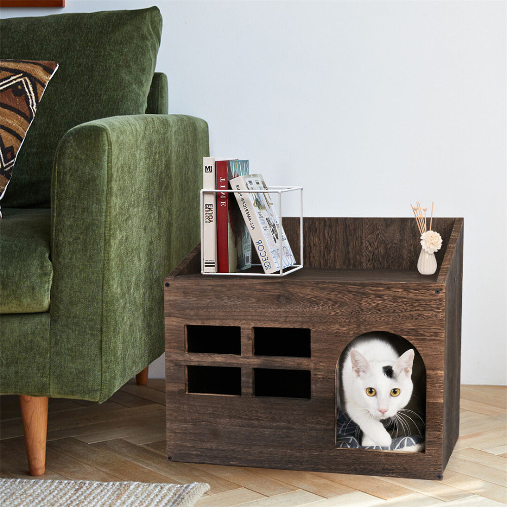 Cozy Wooden Cat Cave Bed with Cushion Pad and Litter Box