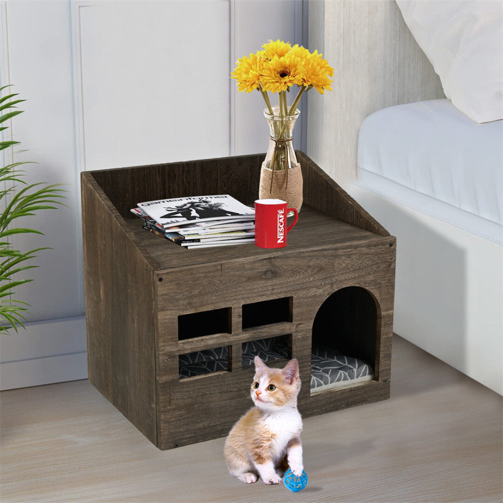 Cozy Wooden Cat Cave Bed with Cushion Pad and Litter Box