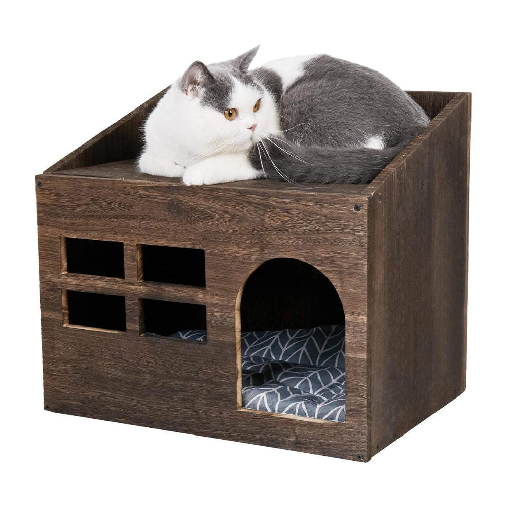 Cozy Wooden Cat Cave Bed with Cushion Pad and Litter Box