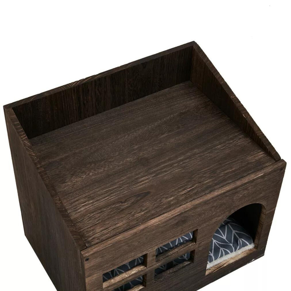 Cozy Wooden Cat Cave Bed with Cushion Pad and Litter Box
