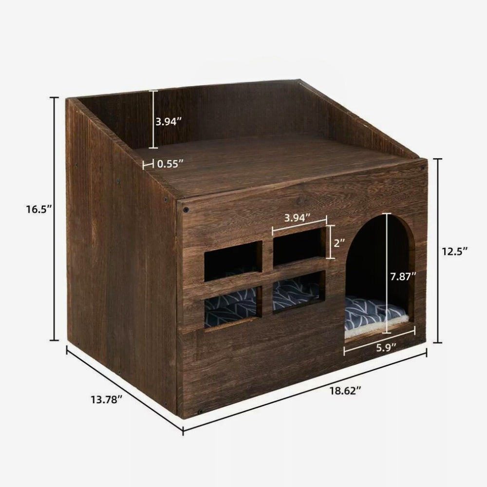 Cozy Wooden Cat Cave Bed with Cushion Pad and Litter Box