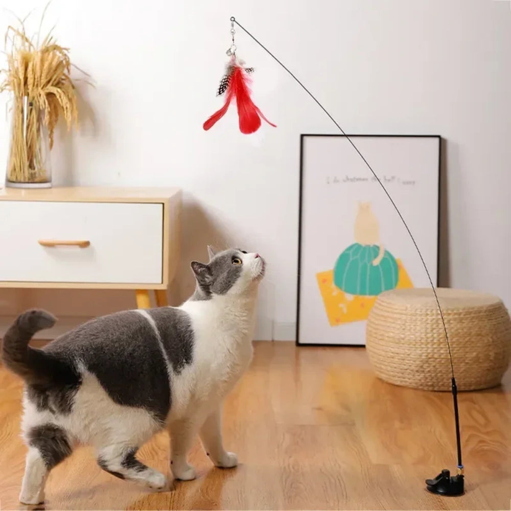 Interactive Cat Toy Feathers Wand with Super Suction Cup