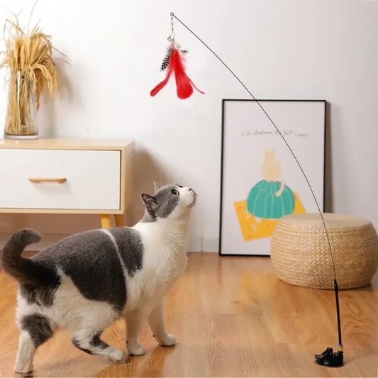 Interactive Cat Toy Feathers Wand with Super Suction Cup