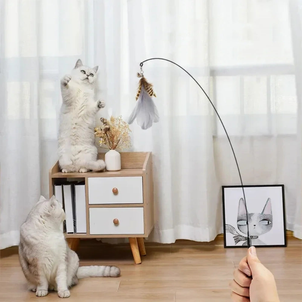 Interactive Cat Toy Feathers Wand with Super Suction Cup