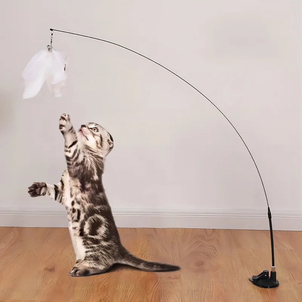 Interactive Cat Toy Feathers Wand with Super Suction Cup