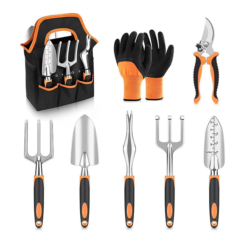 GreenHaven Garden Tool Set - 8 Piece Stainless Steel Set with Carrying Tote