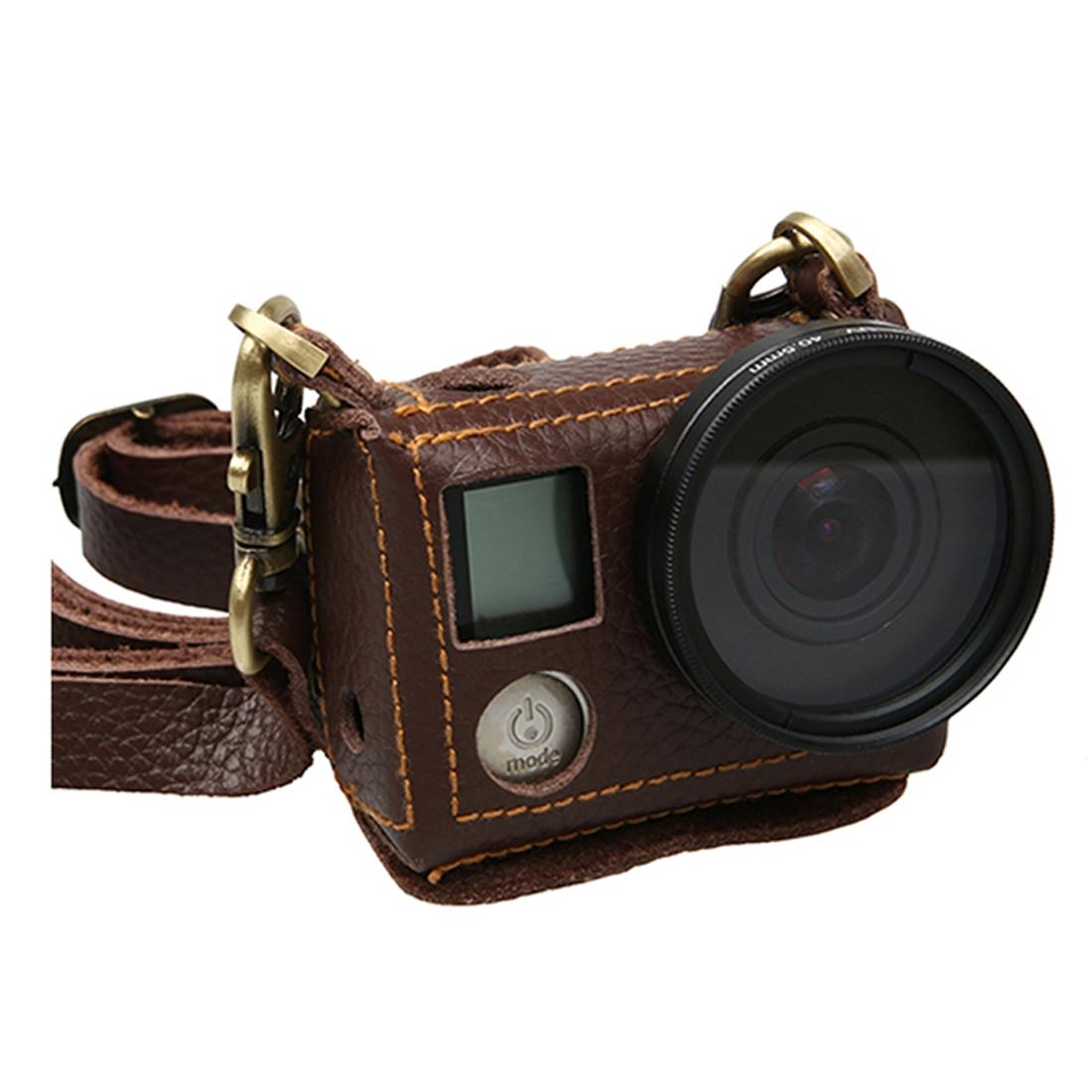 Genuine Leather Protective Case For Gopro Hero4 With Litchi Texture And Sling-1915196643918090240
