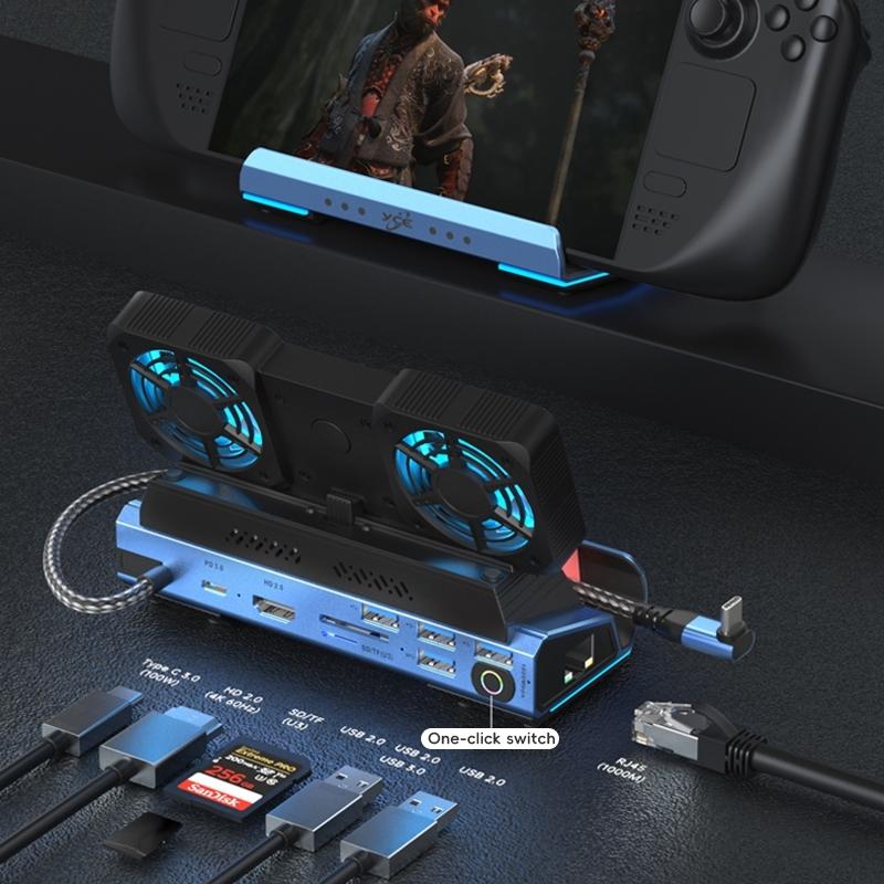 9-In-1 Usb-C Gaming Dock With Detachable Fan - Blue / Black-1922443402268512257