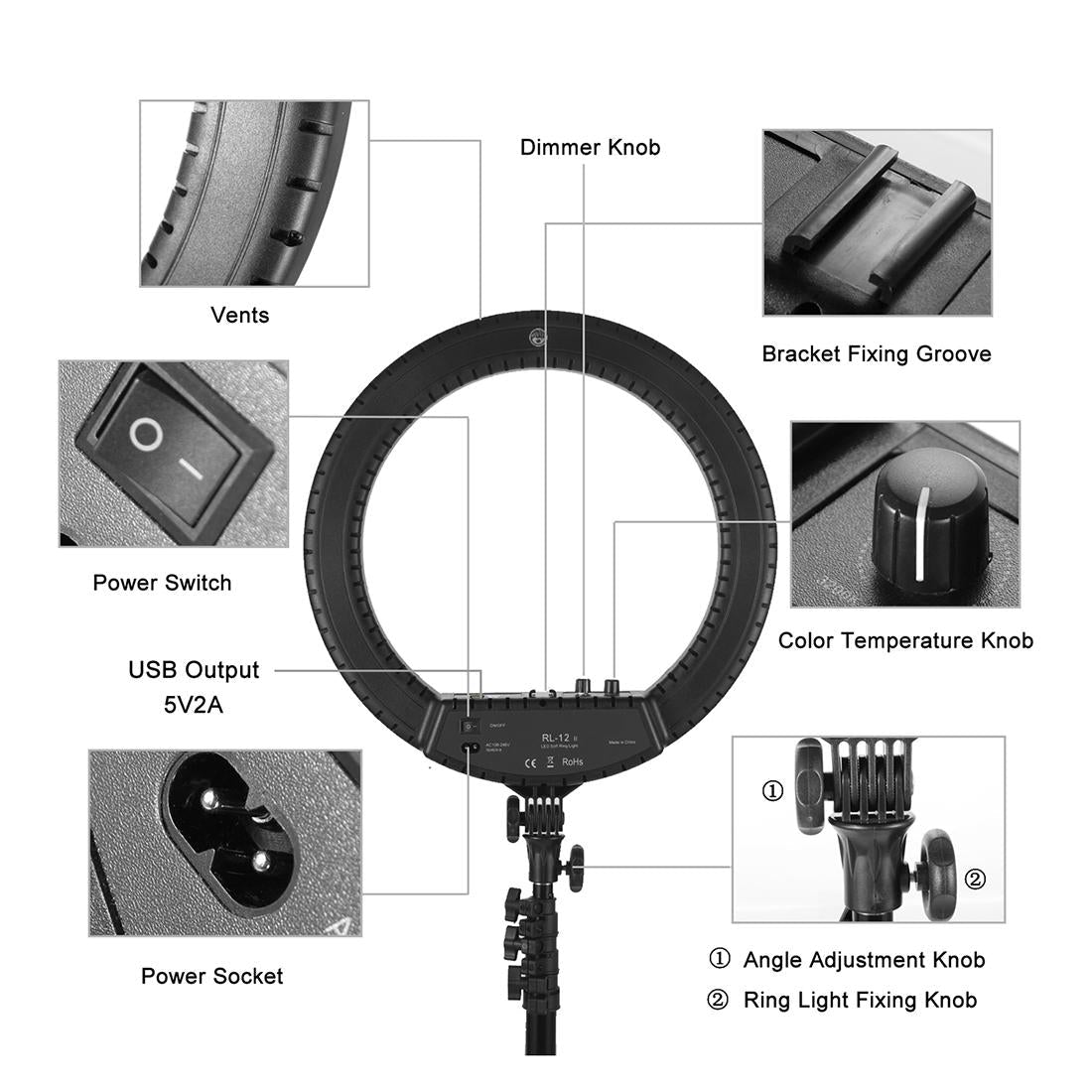 12 Two-Colour Dimmable Ring Fill Light With Tripod - 28W 100-240V-1915198249304723464