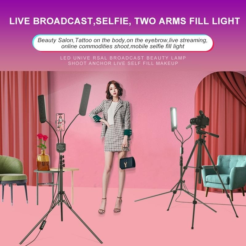 Portable Double Arm Fill Light With Phone Clip - Adjustable Brightness Black-1915196673634734085