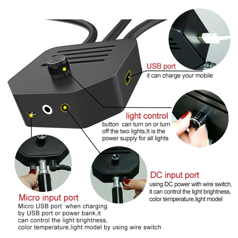 Portable Double Arm Fill Light With Phone Clip - Adjustable Brightness Black-1915196673634734088